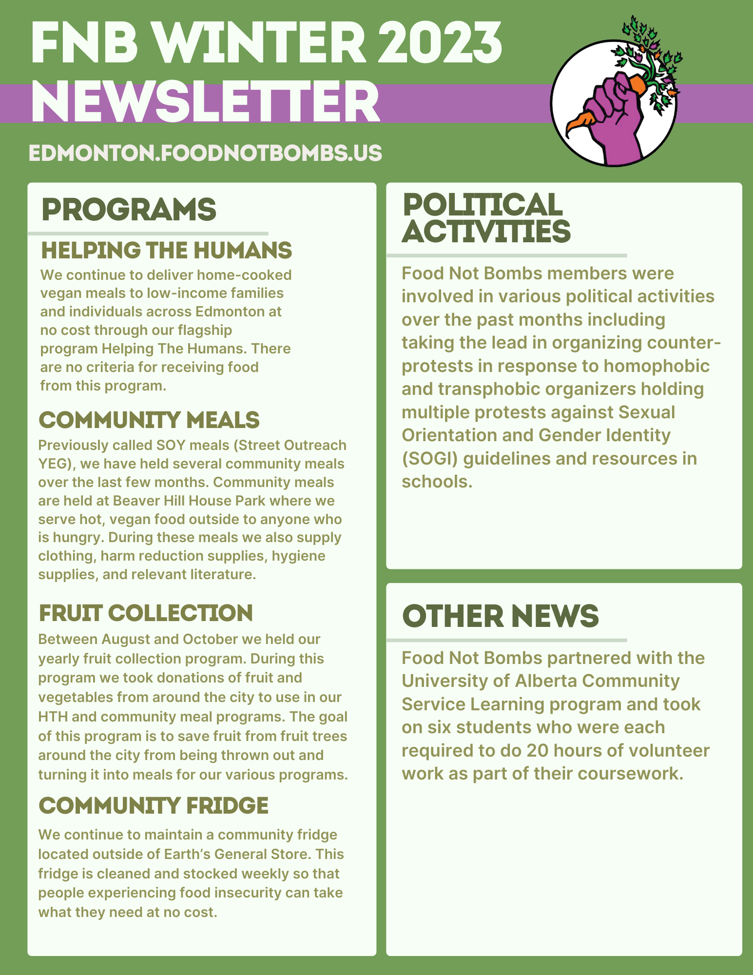 Food Not Bombs Newsletter for Winter 2023.
